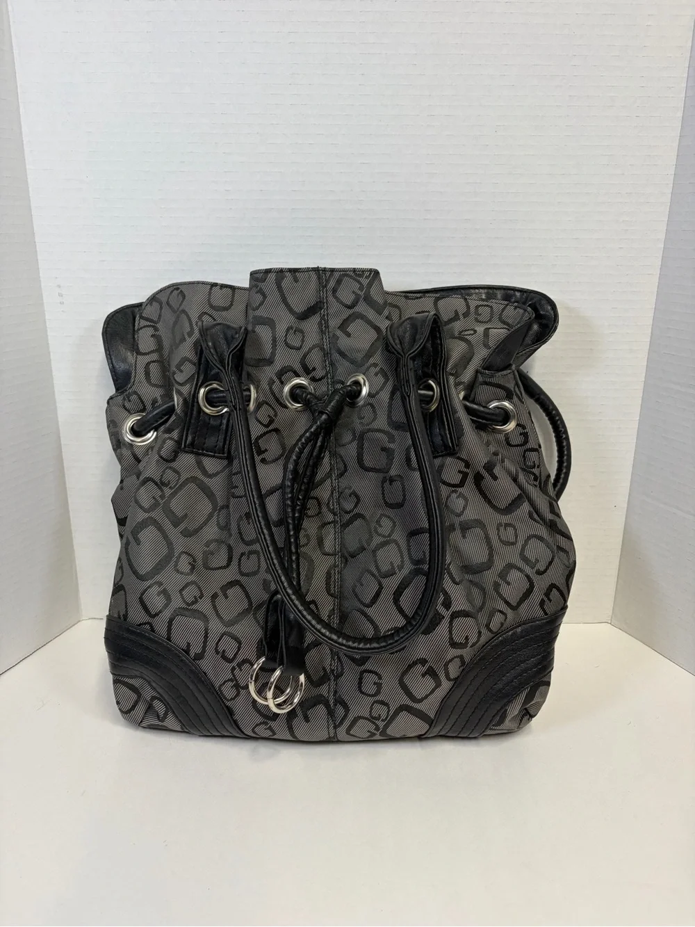 Guess Gray Monogram Drawstring Hobo Bag